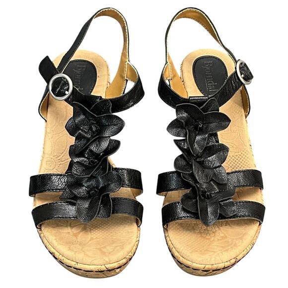 Bjorndal Liora Black Leather Strappy Flower Cork Wedge Comfort Sandal Women 9 - Picture 5 of 10